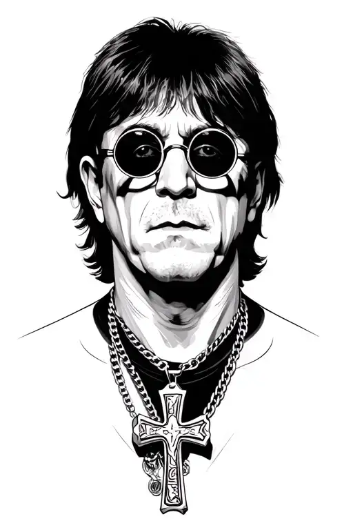 Ozzy Osbournes Round Glasses & Cross Necklace