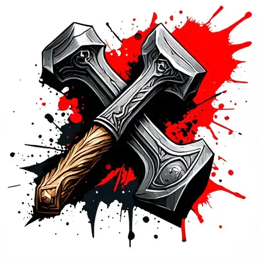 Thin Thor Hammer In Trash Polka Style Add Red