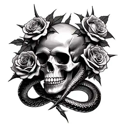 Roses With Thorns Wrapped Around A Skull With A Snake