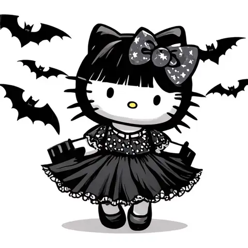 Hello Kitty Wenesday Addams Dancing With Bats Flying