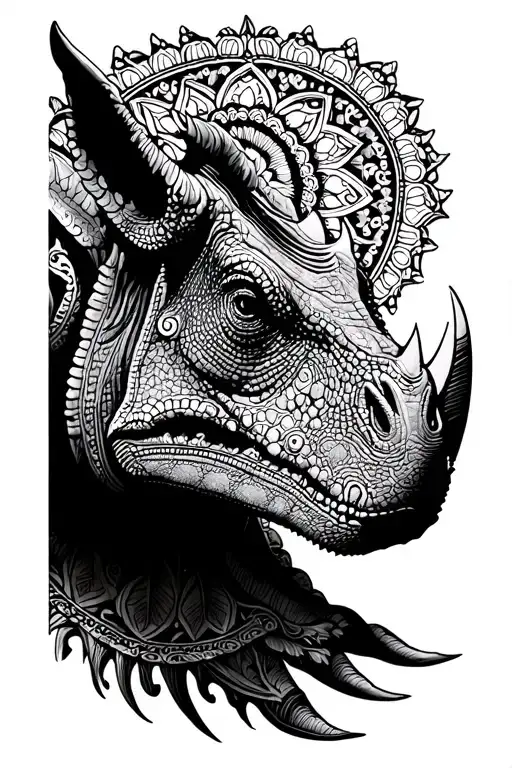 Triceratops Head Profile Surrounded By Mandala Design