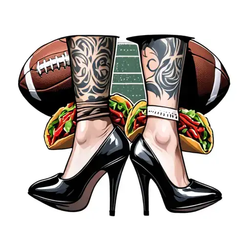 Two Legs With Football Tacos And The Other With Women's Heels And A Football Ball