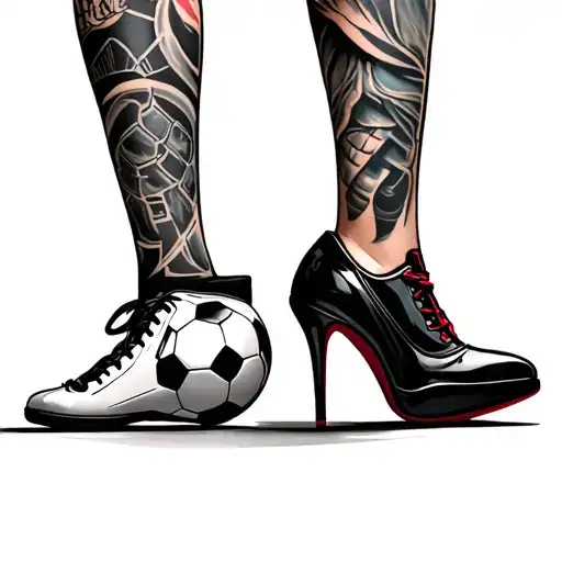 Two Legs One With Football Shoes And The Other With Women's Heels And A Soccer Ball