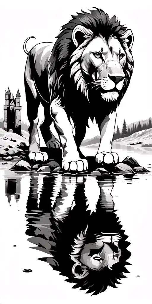 Lion Walking Through Standing Stones With Reflection Of Castle In Lake