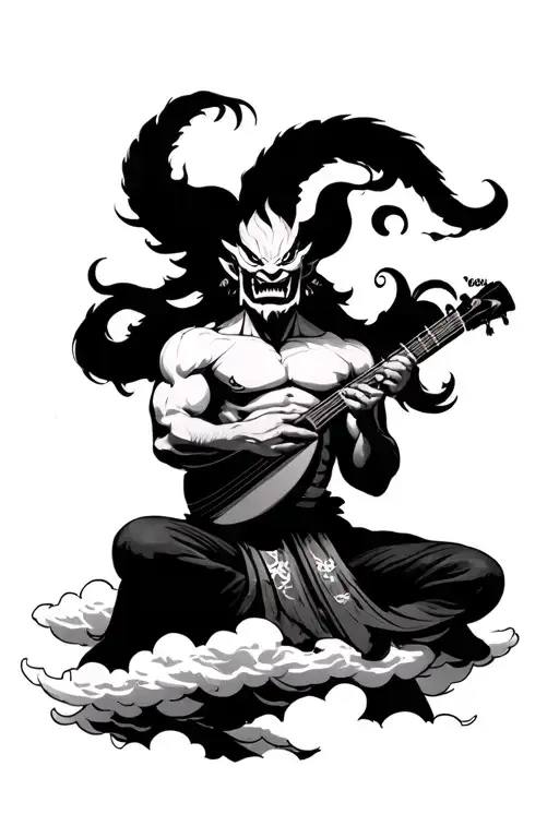 An Oni With Huge Muscles Playing A Shamisen Sitting On Clouds