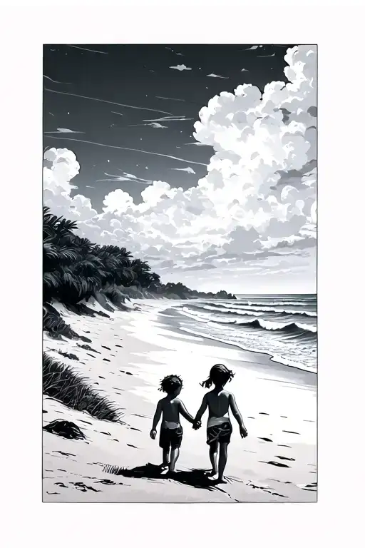 Beach With Large Dune One Side And A Ocean On The Other With Two Kids Walking Away Holding Hands