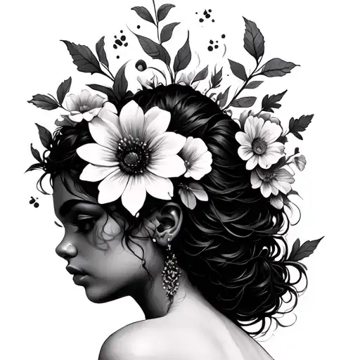 Fine Line Female With Flowers Coming Out Of Head