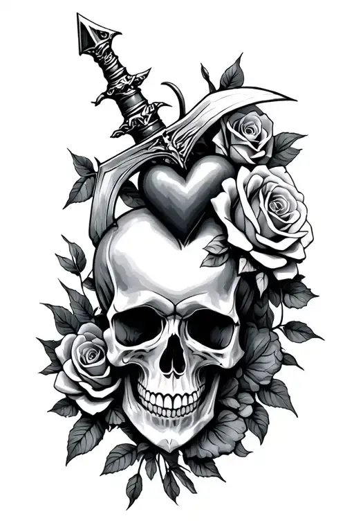 Dagger Heart Skulls Roses