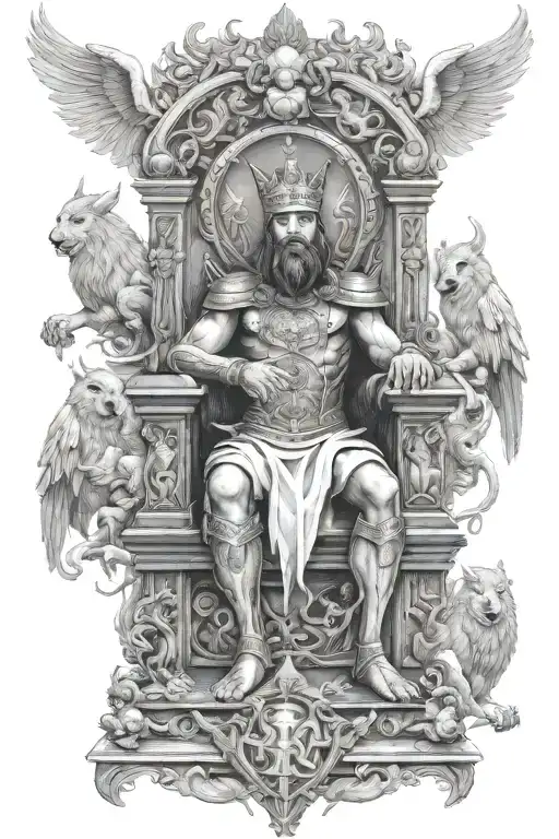King Of Kings Sitting On Throne With Armies Of Angels And Background Of Fire In 3D Effect