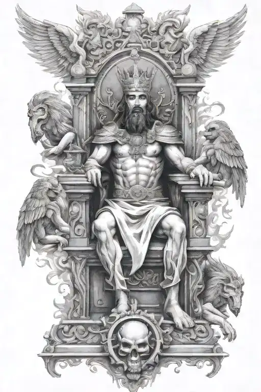 King Of Kings Sitting On Throne Surrounded By Armies Of Angels And Background Of Fire In 3D Effect