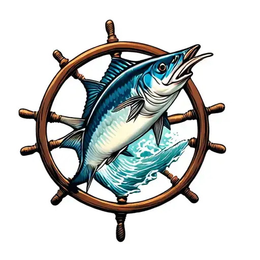 Marlin Fish With A Old Ship Steering Wheel