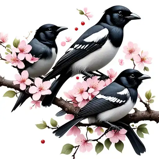 Magpies And Cherry Blossom