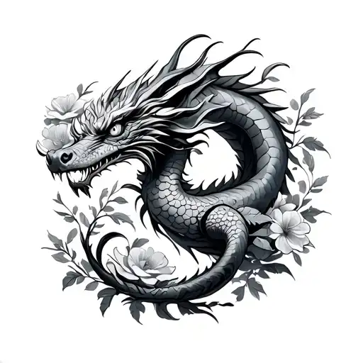 Western Dragon Flying Wrapped With Flowers Surrounding