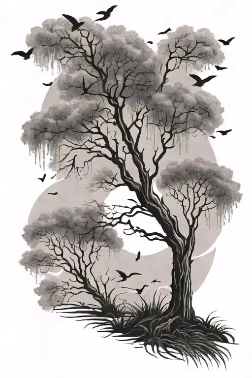 Willow Tree And Birds Flying Away