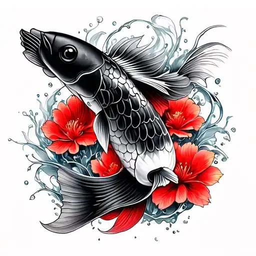 Koi Fish Half Sleeve Black And White And Red Flowers