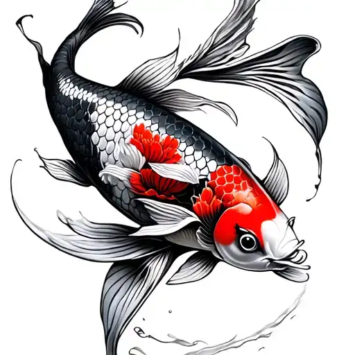 Japenes Troditional Koi Fish Half Sleeve Black And White And Red Flowers