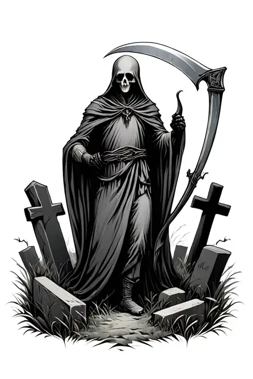 Reaper Holding A Scythe In A Graveyard