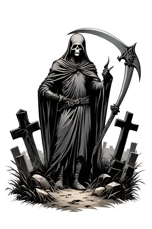 Reaper Holding A Scythe In A Graveyard