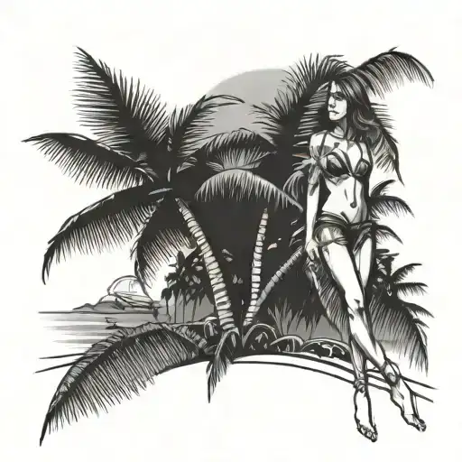 A Sexy Girl In A Bikini Stands Under A Coconut Tree On The Beach