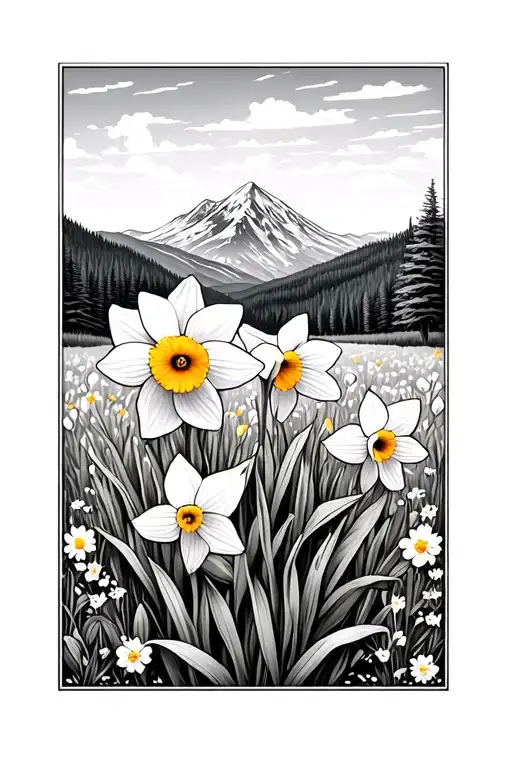 Field Of Daffodil In Front Of A Mountain Landscape