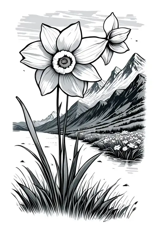 Field Of Daffodil In Front Of A Mountain Scene