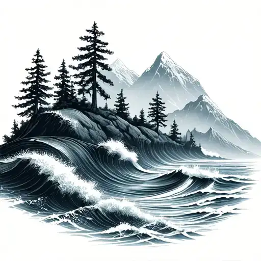 Simple Mountain Forest With Ocean Waves