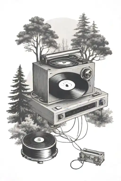 A Blackwork Tattoo Of A Record Player With A Trail Of Music Notes Leading Into A Forest