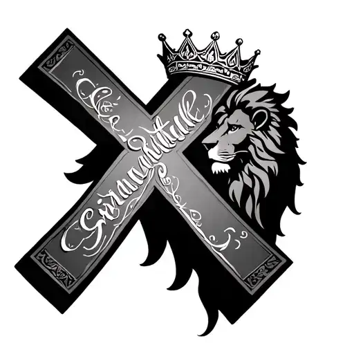 Cross Tattoo With Gratitude And Crown And Lion