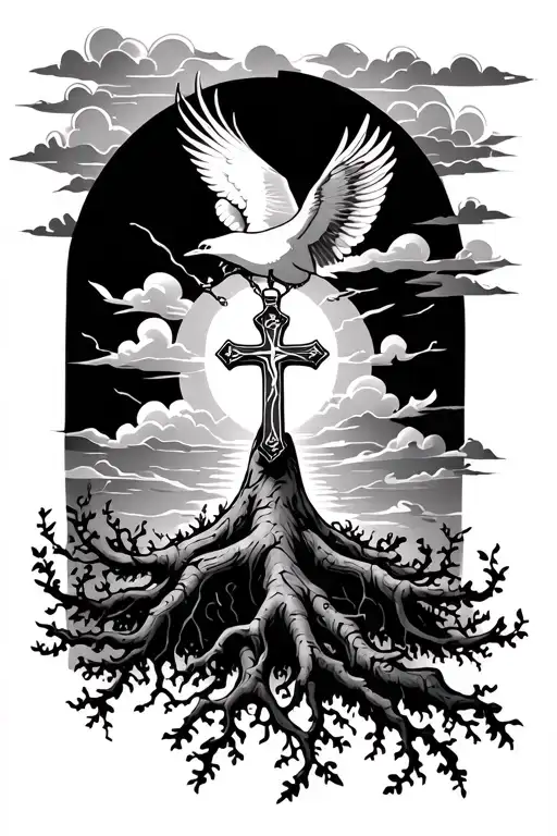 Root Tree Growing Towards Bird Flying Holding A Cross Necklace With The Sun And Clouds Overhead