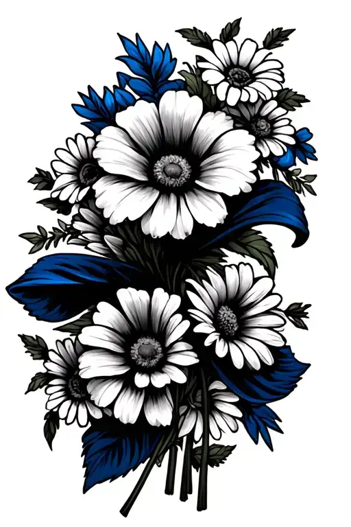 Morning Glory Flower And Daisys With A Thin Blue Line Ribbon Holding The Bouquet