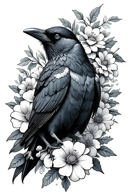 Crow Surrounded By Flowers