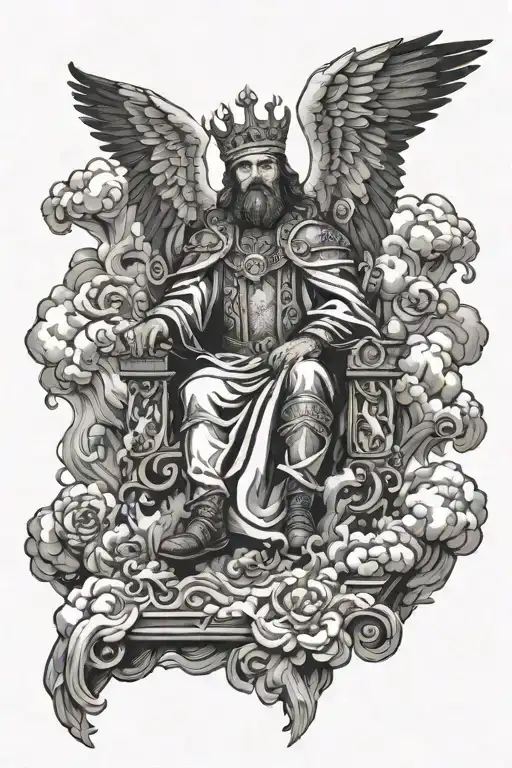 King Of Kings Sitting On Throne Of Cloud And Fire Surrounded By Flying Angels In Black