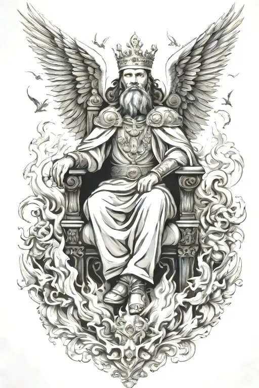 King Of Kings Sitting On Throne Of Cloud And Fire Surrounded By Flying Angels In Black