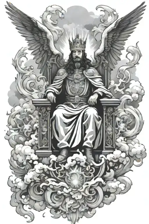 King Of Kings Sitting On Throne Of Cloud And Fire Surrounded By Flying Angels In Black