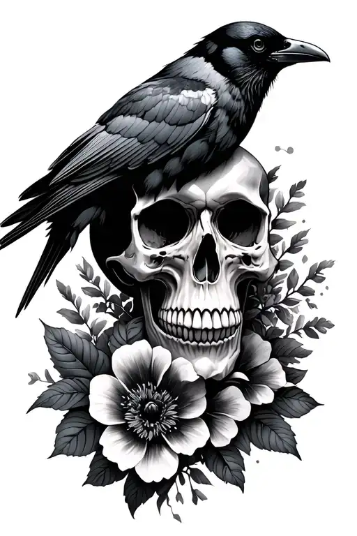 Skull And Flowers And A Crow
