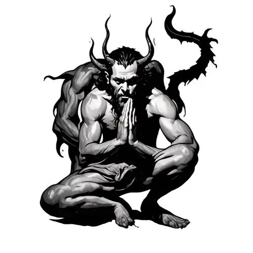 Man Praying To God While Devil Is Creeping Behind