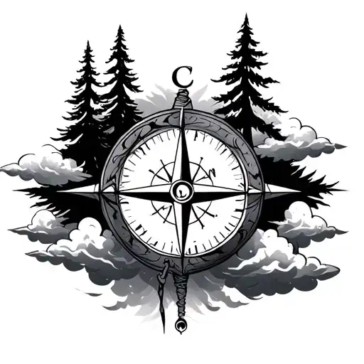 Trees And Compass With Clouds Surrounding