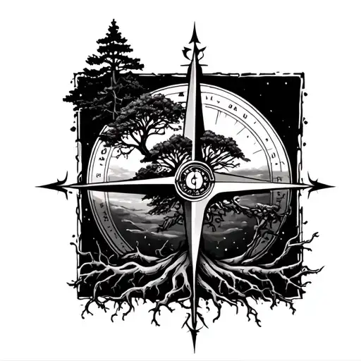 Tree Roots Growing At The Bottom Then Tree Up The Arm With Compass
