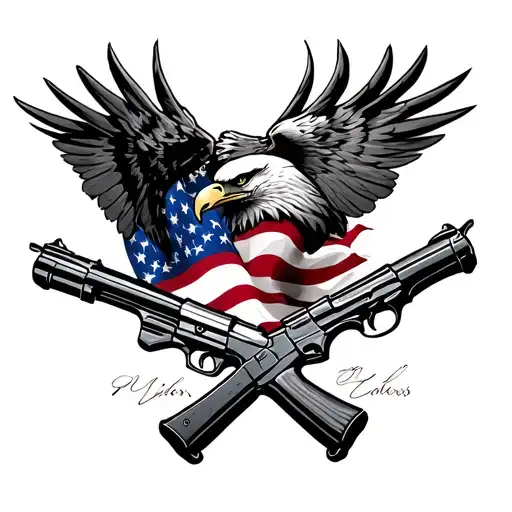 American Flag And Eagles And Guns Crossed