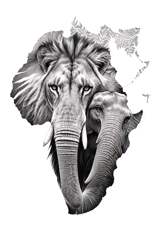 Africa Continent With Lion And Elephant