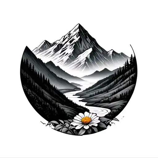 Mountain With A Winding Valley And A Small Flower At The Bottom Of The Valley