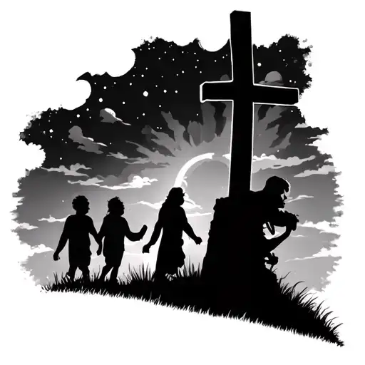 Father With Two Children Walking To The Cross On A Hill With Night Sky In The Background