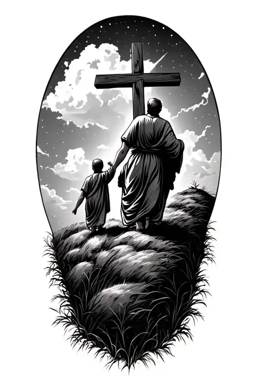 Father With Two Children Walking To The Cross On A Hill With Night Sky In The Background