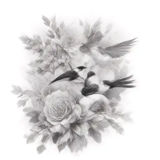 2 Magpies Flying Roses Growing