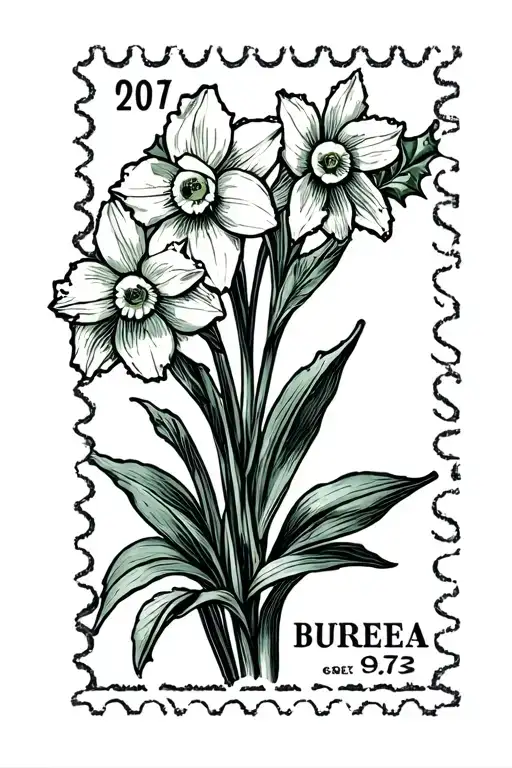 Postage Stamp With Daffodils And Holly Flowers