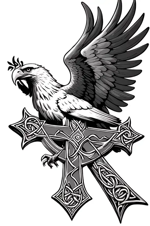 Eagle Behind Wings Hugging A Celtic Cross