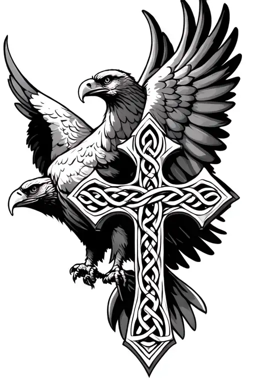 Eagle Behind Wings Hugging A Celtic Cross