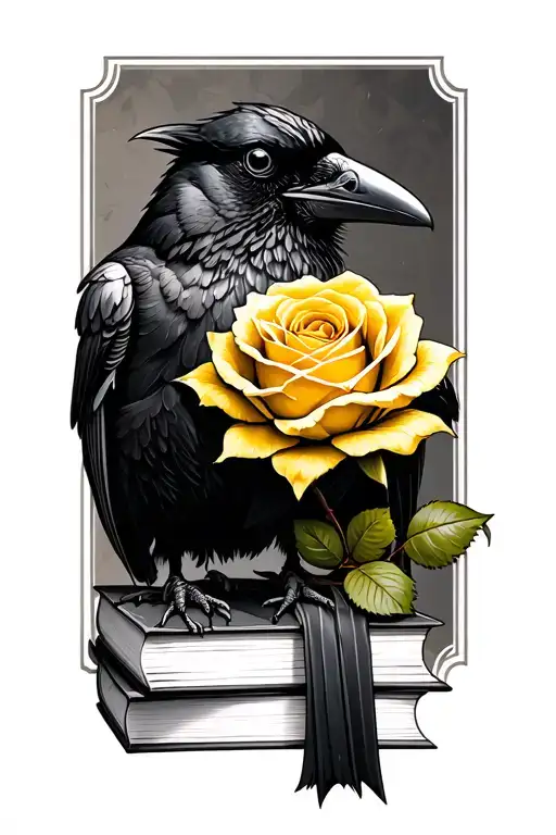 Books Crow Holding Yellow Rose