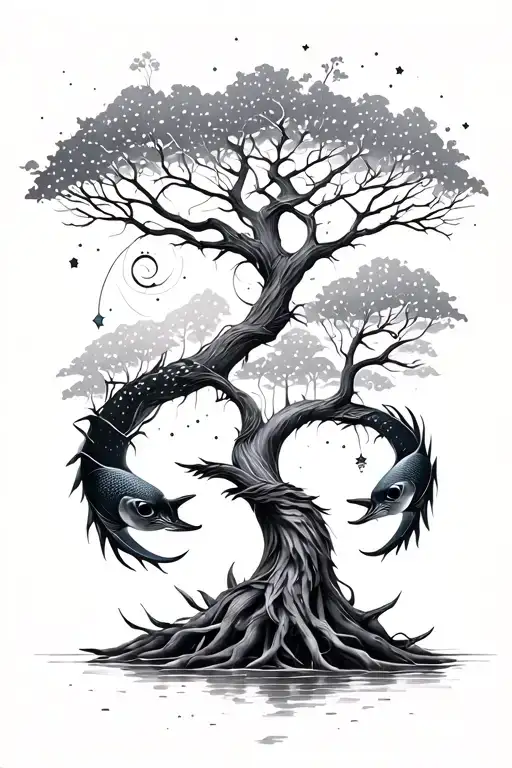 Tree Of Life Intertwined With Pisces Constellation