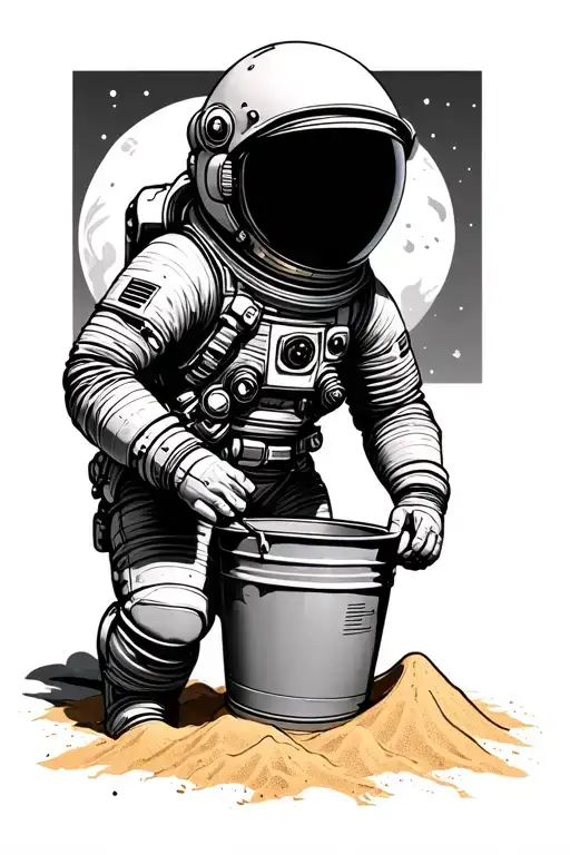 Astronaut Playing In Sand With A Sand Bucket On Its Helmet